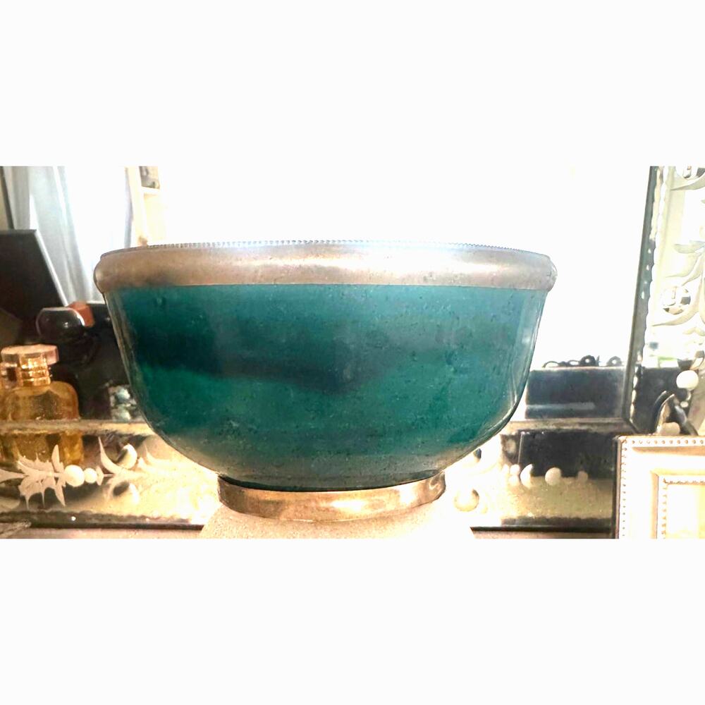 Vintage Mid-Century Malachite Glaze Ceramic Bowl - Silver Beaded Rim Accent